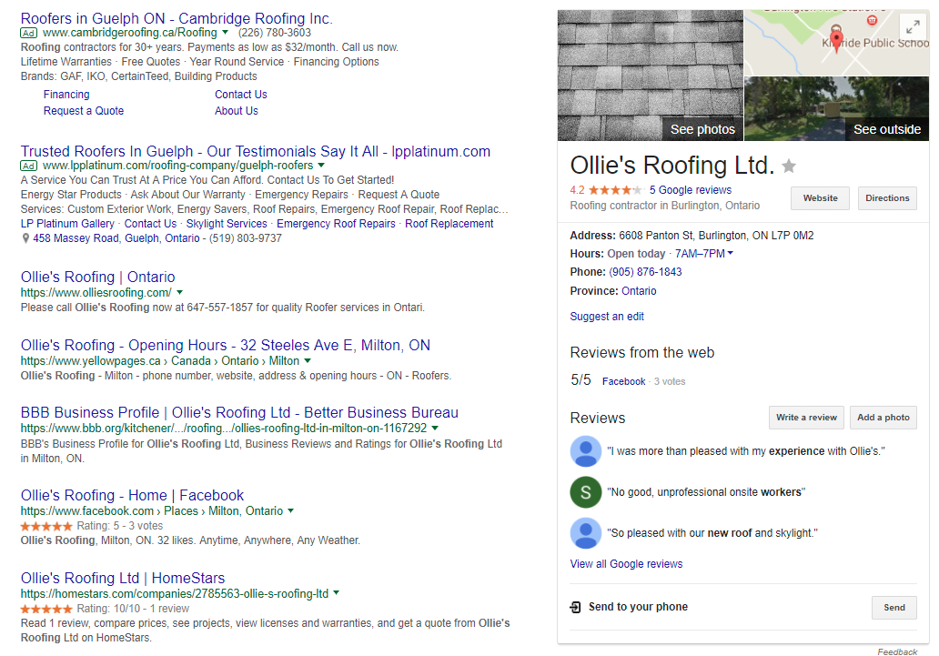 Ollie's Roofing Google My Business page