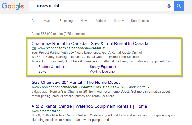 Screenshot of a Google AdWords chainsaw rental ad from Stephenson's Rental in Ontario