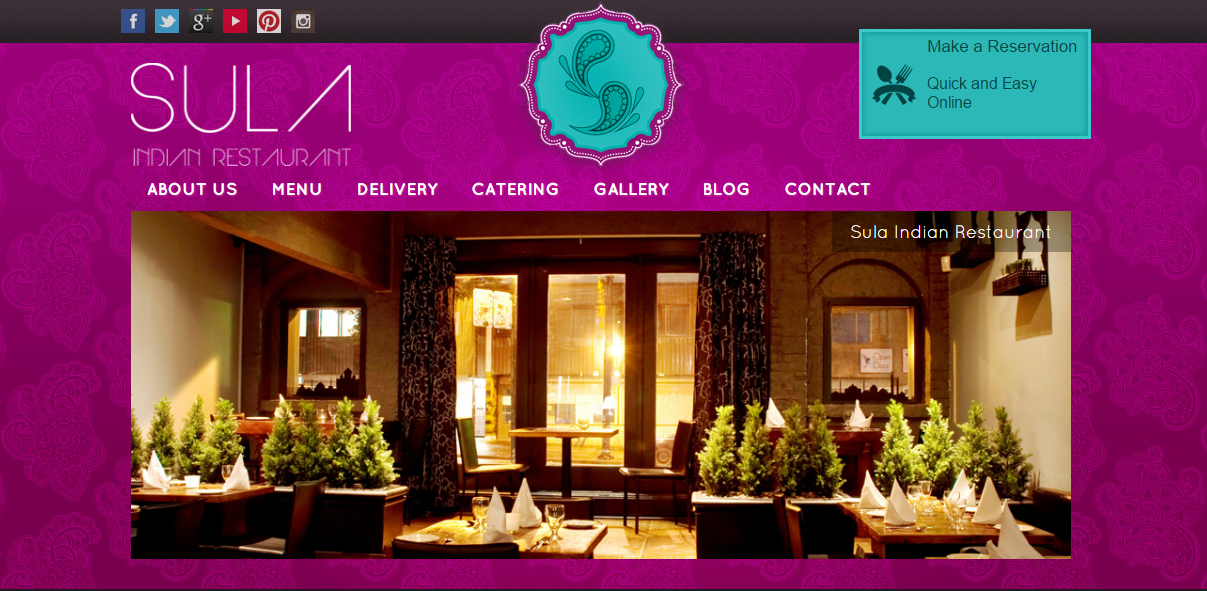 Homepage of the Sula Indian Restaurant website in Vancouver