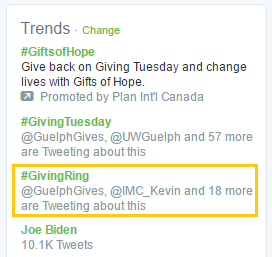 #GivingRing is trending locally on Twitter just behind #GivingTuesday in Guelph