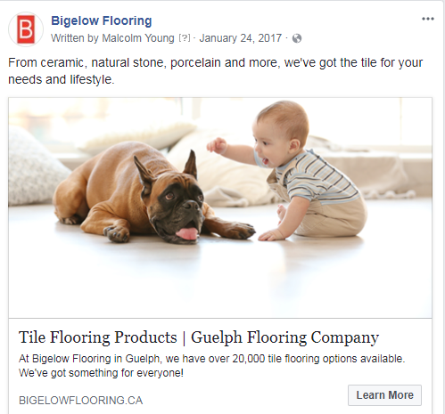 Bigelow Flooring Social Post with a baby & a dog