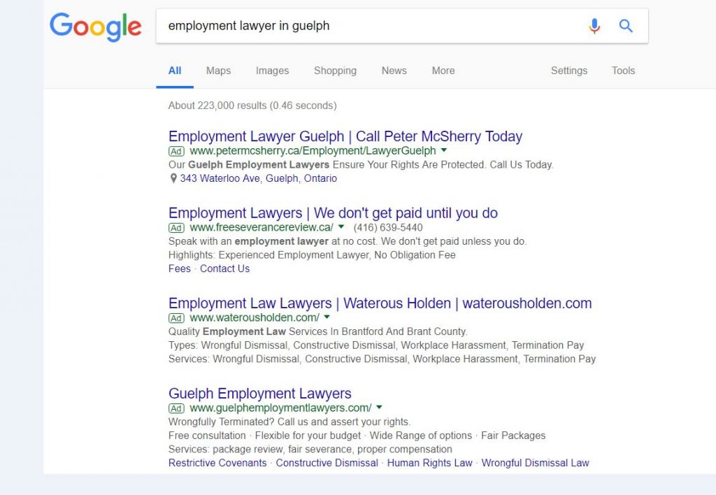 Organic Google Adwords Search Results with McSherry Law at the top