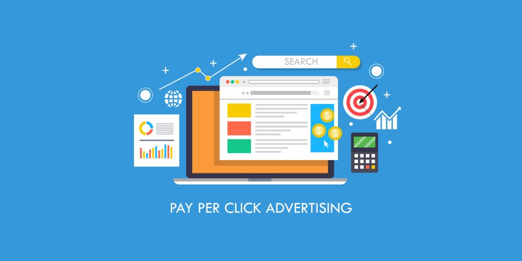 Flat concept for pay per click advertising, sponsored listing, paid search marketing vector banner with icons isolated on blue background
