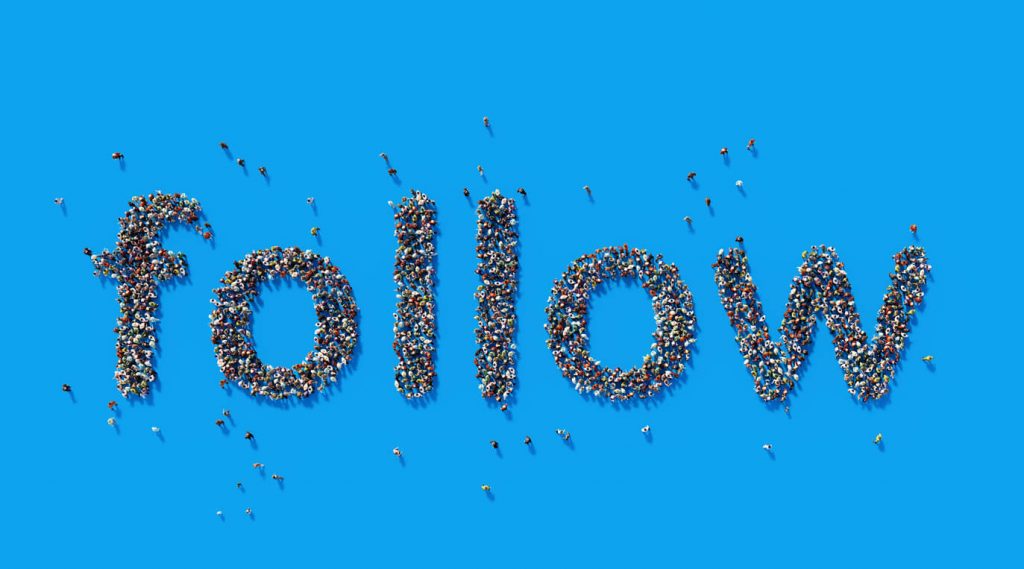 the word FOLLOW spelled with lots of people