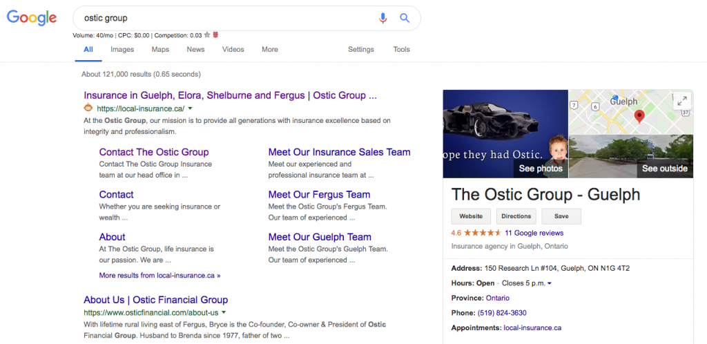 Ostic Group Local Pack Results on Google
