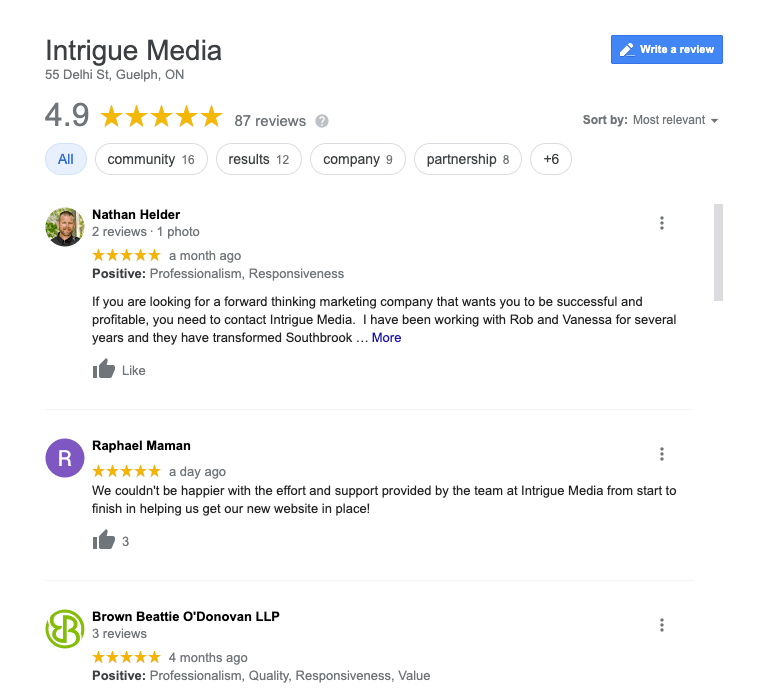 Intrigue's Google review