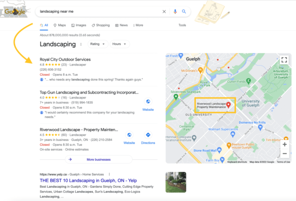 An example of a Google My Business listing for landscaping companies