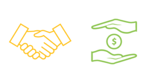 Graphic of two people shaking hands and two hands with a dollar sign between them