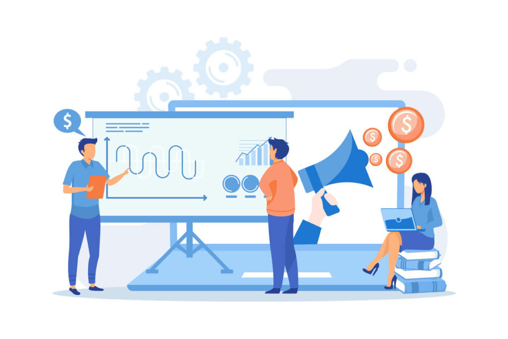 Marketers learning from fellow professionals at meetup with presentation board. Marketing meetup, sharing experience, marketing expertise concept. vector illustration