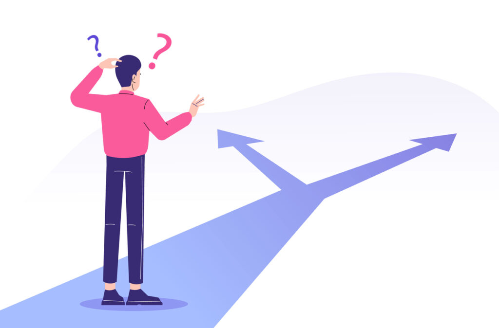 Confused man standing at crossroads. Difficult choice between two options. Decide dilemma. Solve problem. Alternatives or opportunities. Making decision concept. Choose pathway. Vector illustration
