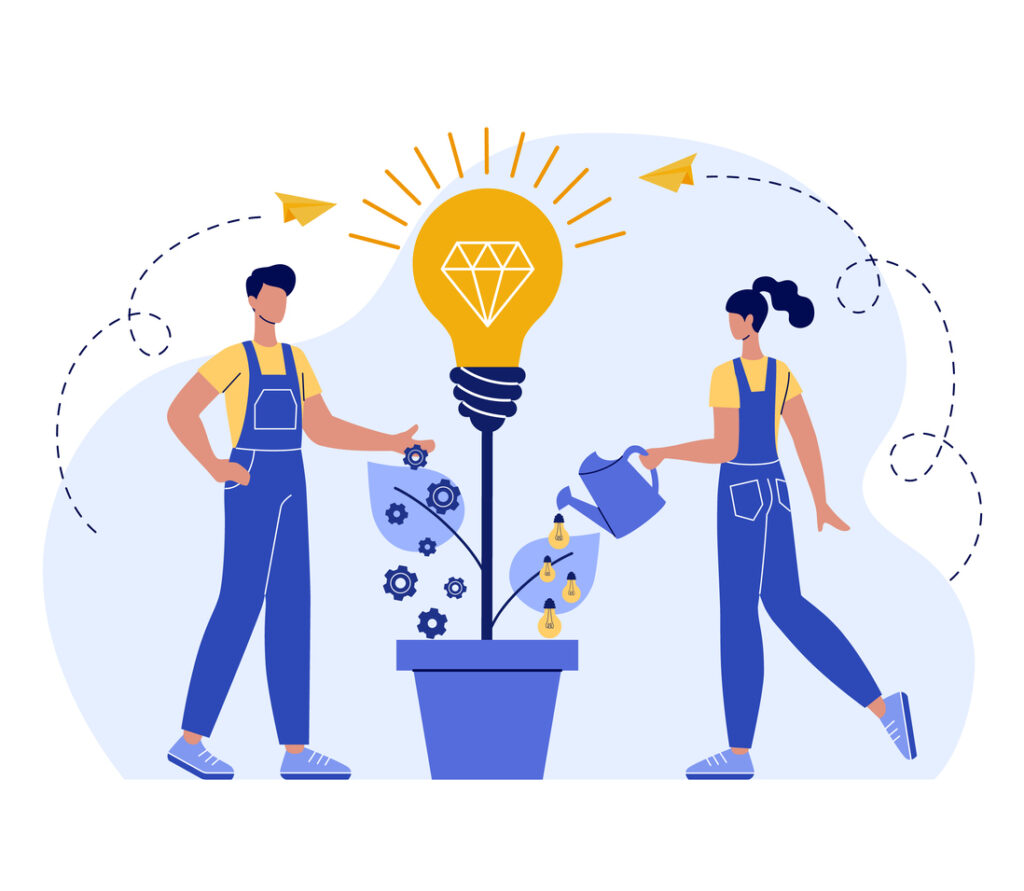 Cultivating idea. Concept flat vector illustration. Team brainstorming, idea management, project management, new idea generation, startup collaboration, find solution, product development.