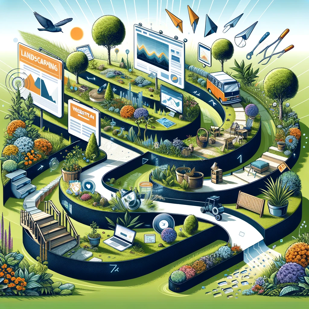 Graphic showing the evolution of digital marketing in the landscaping industry, starting with traditional methods like print ads and billboards on the left, transitioning to website development and social media engagement in the middle, and culminating in modern techniques such as augmented reality and AI-based design tools on the right. The background features elements of landscaping, including plants, gardens, and outdoor spaces, integrating the industry theme with digital marketing's progression.